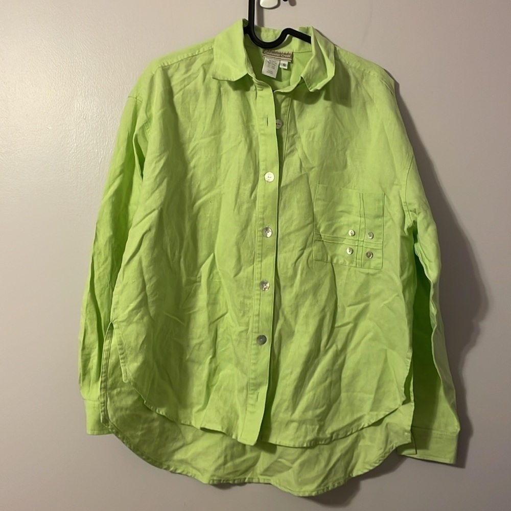 Coldwater Creek Oversized Green High Low Linen Blend Blouse Shell Buttons size S